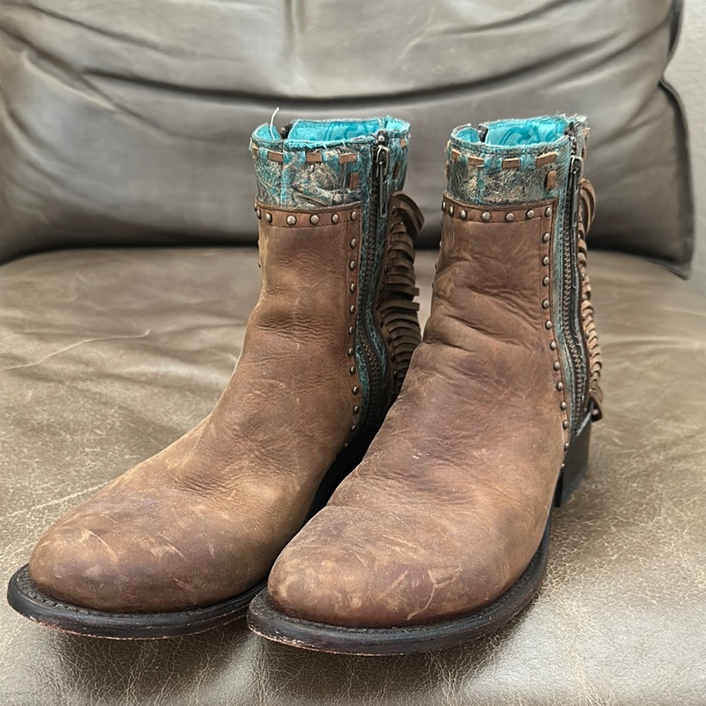 Corral Brown and Blue Ankle Boots with Fringe